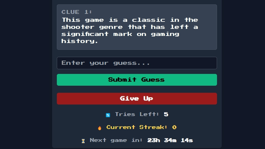 Clue Mode gameplay with 5-input guess field and clue text