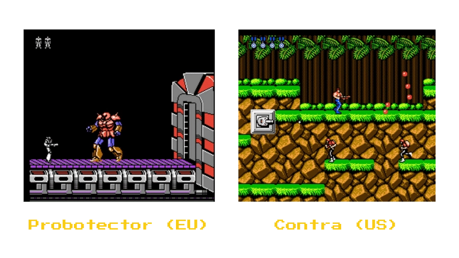 Comparison of NES Probotector (European) and Contra (US) showing sprite differences