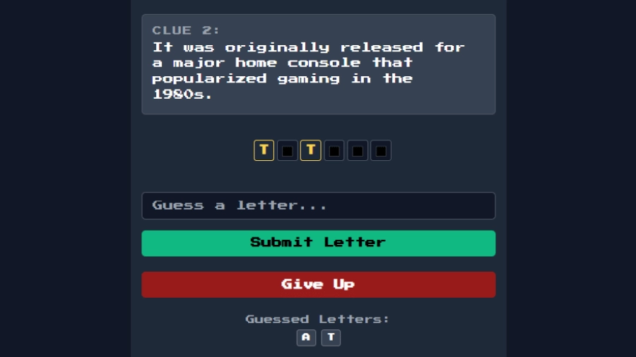 Letter Reveal Mode gameplay showing clue and letter slots